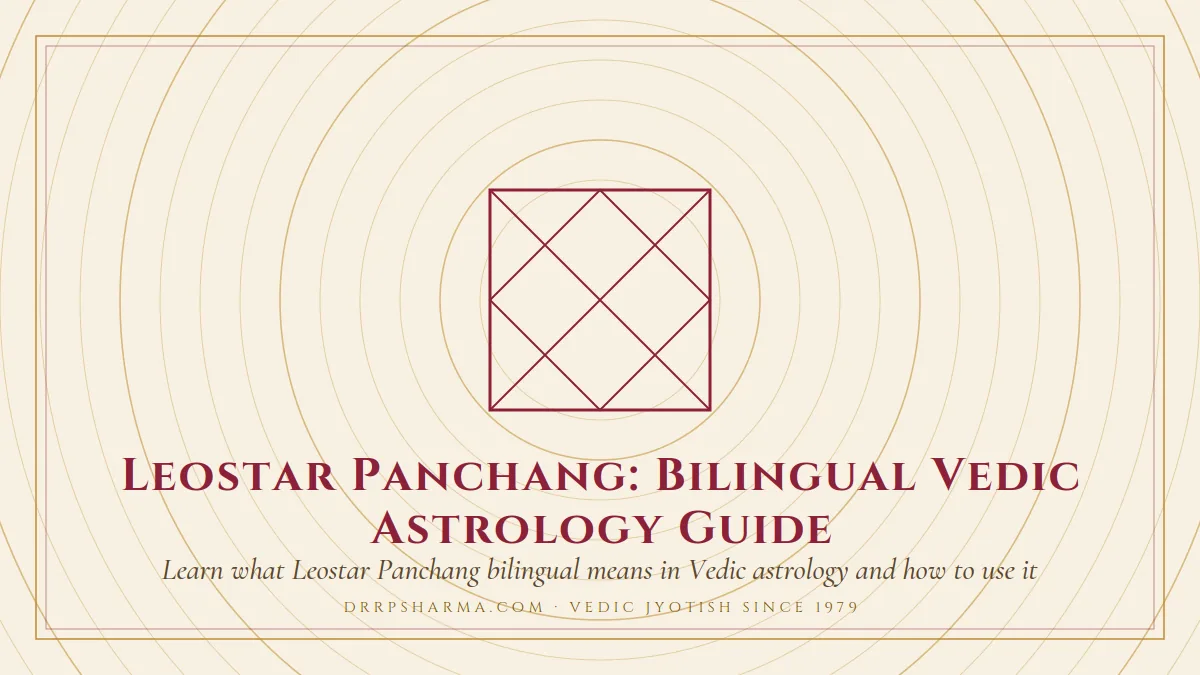 Bilingual Panchang — a Vedic birth-chart (kundli) diagram motif on a parchment plate