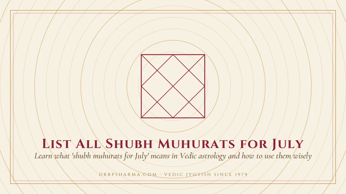 List All Shubh Muhurats for July — a Vedic birth-chart (kundli) diagram motif on a parchment plate
