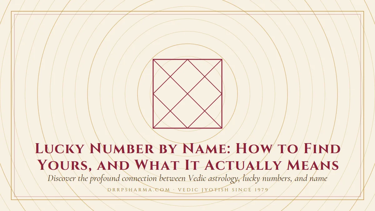 Lucky Number by Name: How to Find Yours, and What It Actually Means — a Vedic birth-chart (kundli) diagram motif on a parchment plate