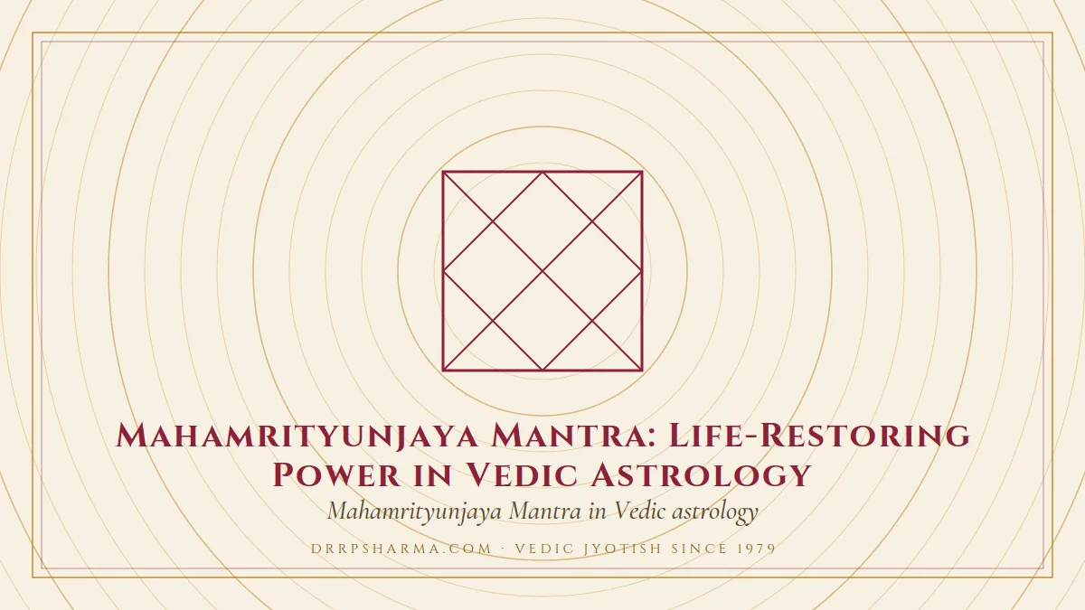 Mahamrityunjaya Mantra: Life-Restoring Power in Vedic Astrology — a Vedic birth-chart (kundli) diagram motif on a parchment plate