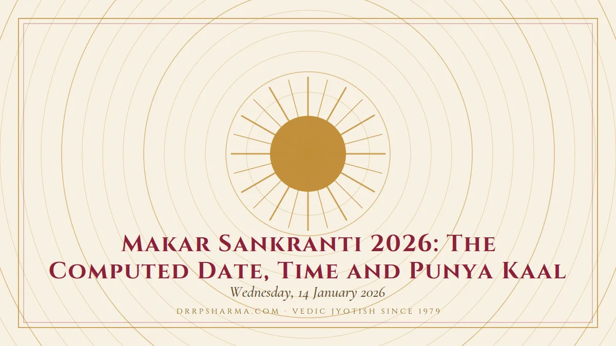 Makar Sankranti 2026: The Computed Date, Time and Punya Kaal — a golden sun motif on a parchment plate