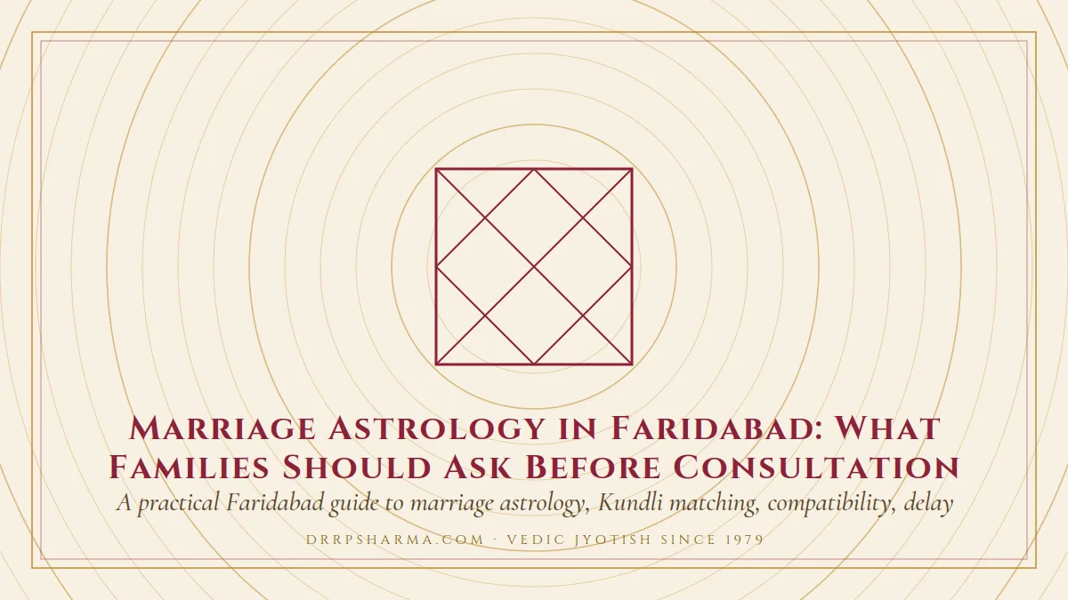 Marriage Astrology in Faridabad: What Families Should Ask Before Consultation — a Vedic birth-chart (kundli) diagram motif on a parchment plate