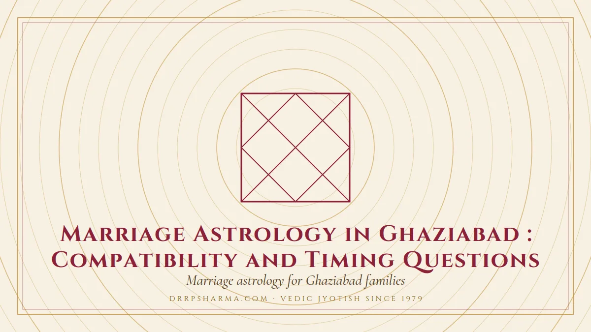 Marriage Astrology in Ghaziabad : Compatibility and Timing Questions — a Vedic birth-chart (kundli) diagram motif on a parchment plate
