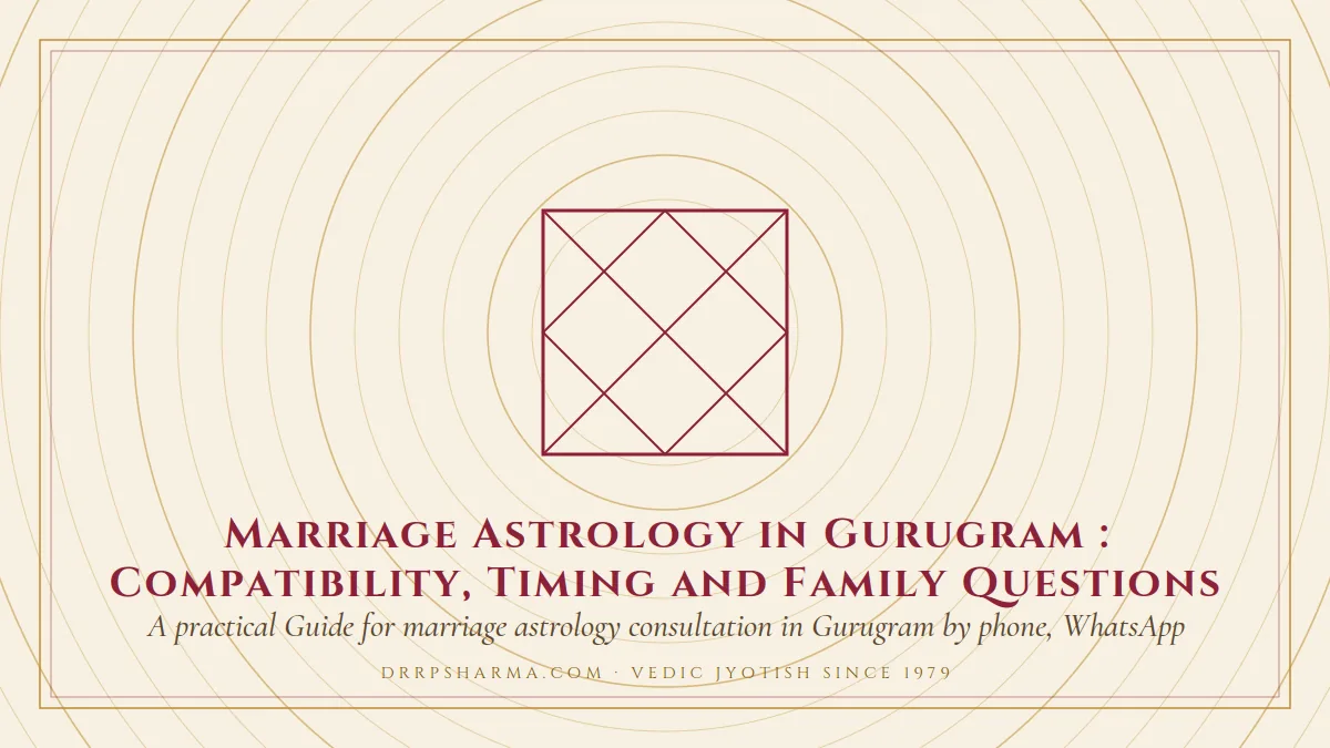 Marriage Astrology in Gurugram : Compatibility, Timing and Family Questions — a Vedic birth-chart (kundli) diagram motif on a parchment plate