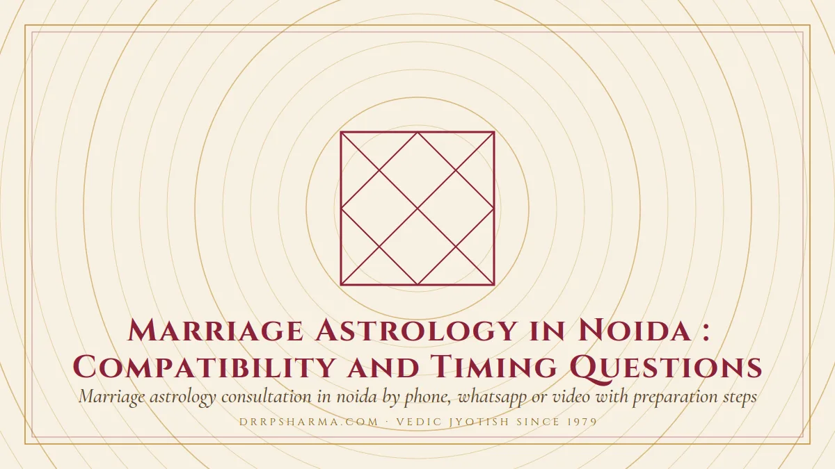 Marriage Astrology in Noida : Compatibility and Timing Questions — a Vedic birth-chart (kundli) diagram motif on a parchment plate