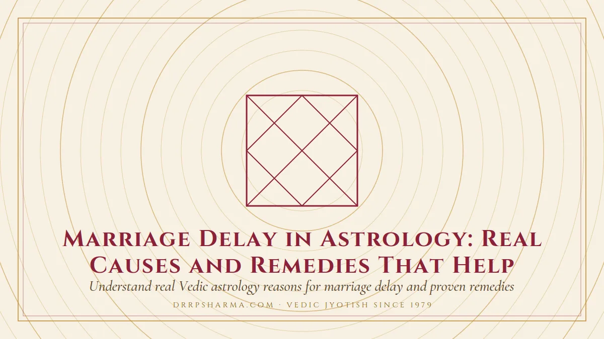 Marriage Delay in Astrology: Real Causes and Remedies That Help — a Vedic birth-chart (kundli) diagram motif on a parchment plate