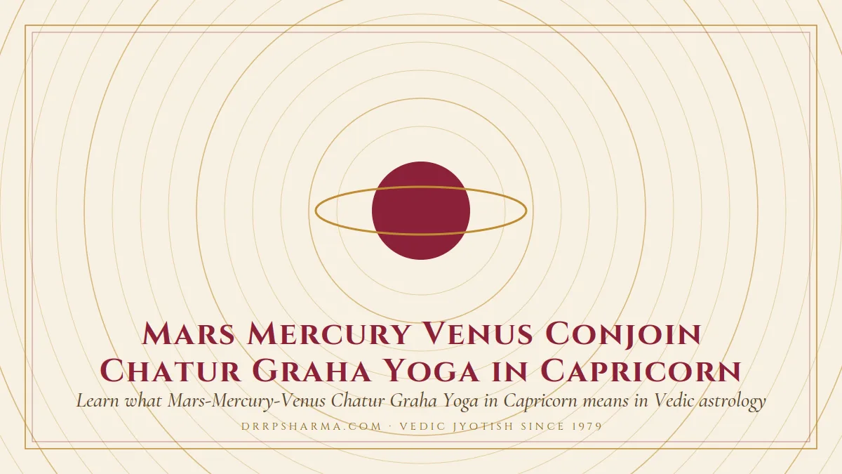 Mars Mercury Venus Conjoin Chatur Graha Yoga in Capricorn — a ringed-planet motif on a parchment plate