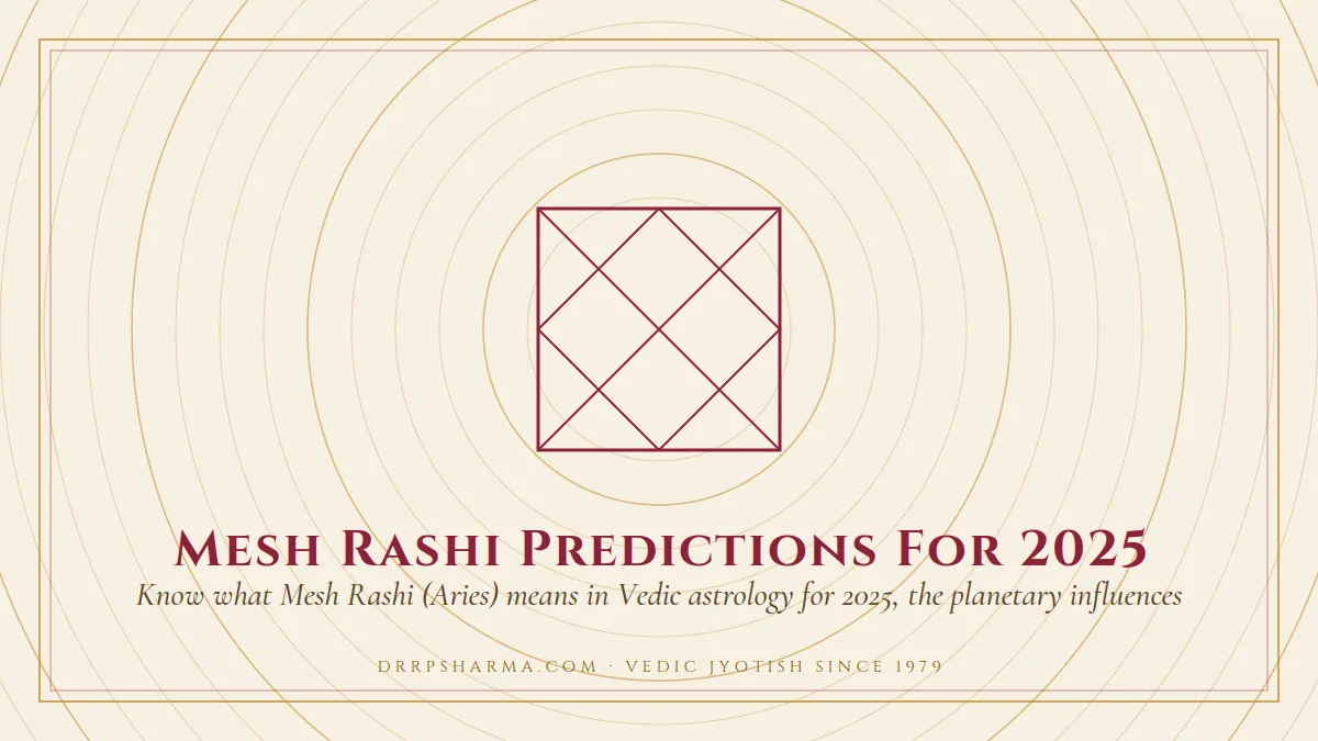 Mesh Rashi Predictions For 2025 — a Vedic birth-chart (kundli) diagram motif on a parchment plate