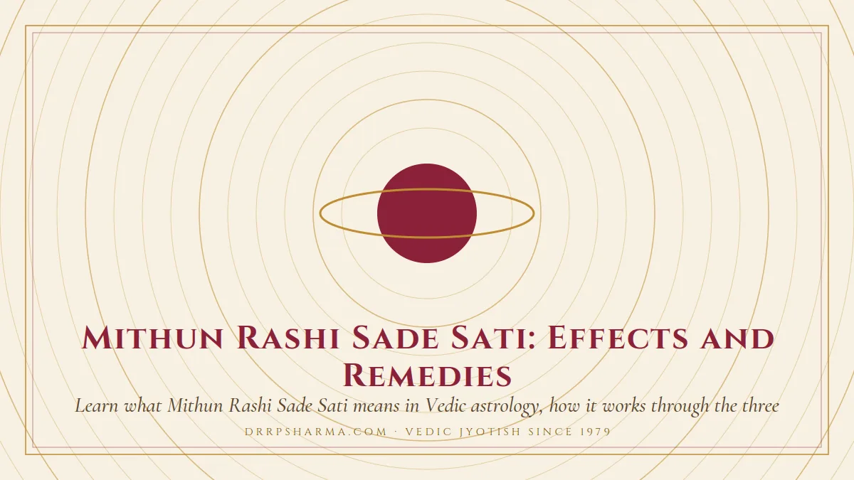 Mithun Rashi Sade Sati: Effects and Remedies — a ringed-planet motif on a parchment plate