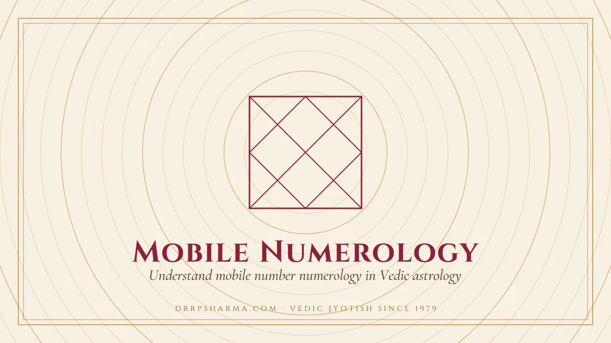 Mobile Numerology — a Vedic birth-chart (kundli) diagram motif on a parchment plate