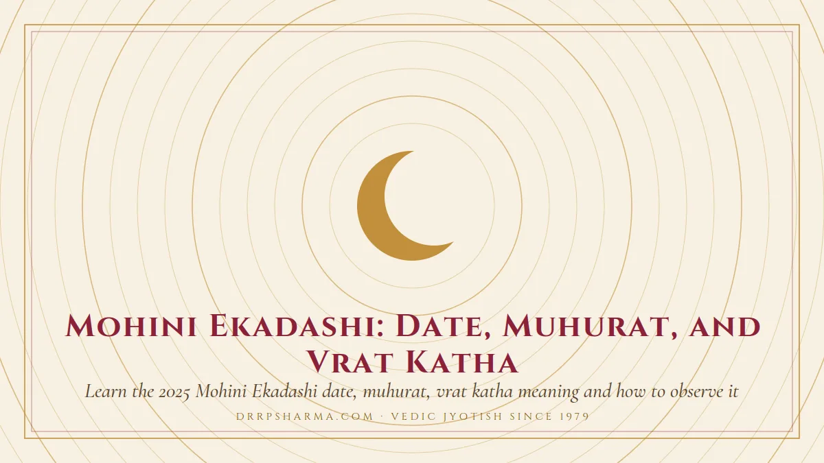Mohini Ekadashi: Date, Muhurat, and Vrat Katha — a gold crescent-moon motif on a parchment plate