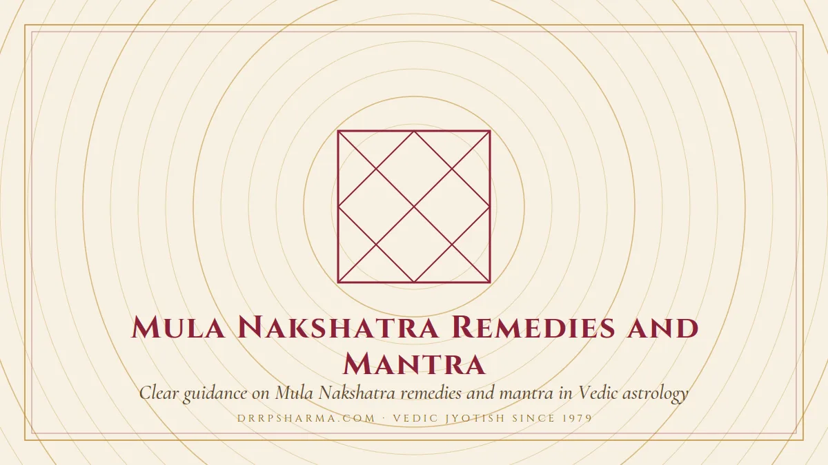 Mula Nakshatra Remedies and Mantra — a Vedic birth-chart (kundli) diagram motif on a parchment plate