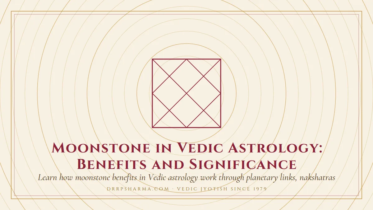 Moonstone in Vedic Astrology: Benefits and Significance — a Vedic birth-chart (kundli) diagram motif on a parchment plate