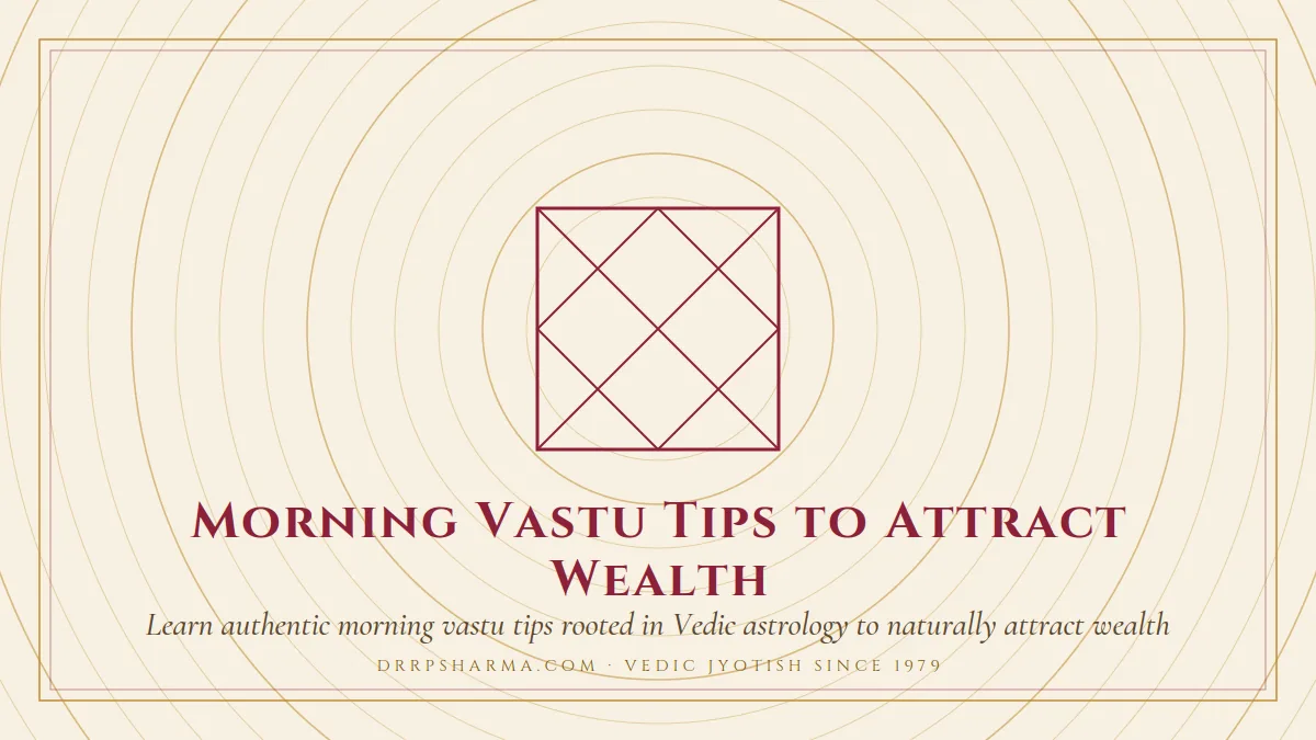 Morning Vastu Tips to Attract Wealth — a Vedic birth-chart (kundli) diagram motif on a parchment plate