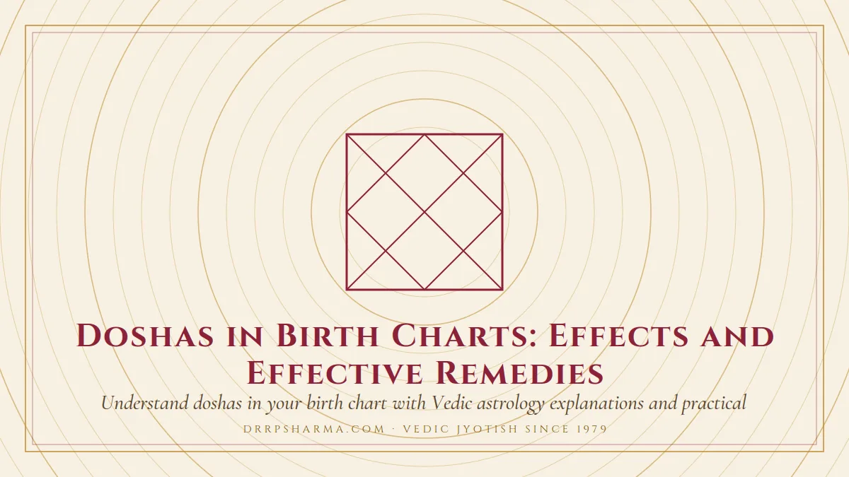 Doshas in Birth Charts: Effects and Effective Remedies — a Vedic birth-chart (kundli) diagram motif on a parchment plate