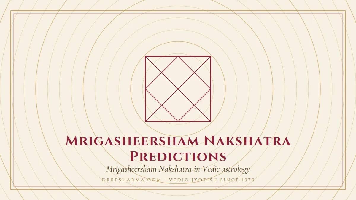 Mrigasheersham Nakshatra Predictions — a Vedic birth-chart (kundli) diagram motif on a parchment plate