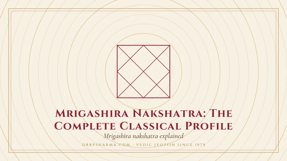 Mrigashira Nakshatra: The Complete Classical Profile — a Vedic birth-chart (kundli) diagram motif on a parchment plate