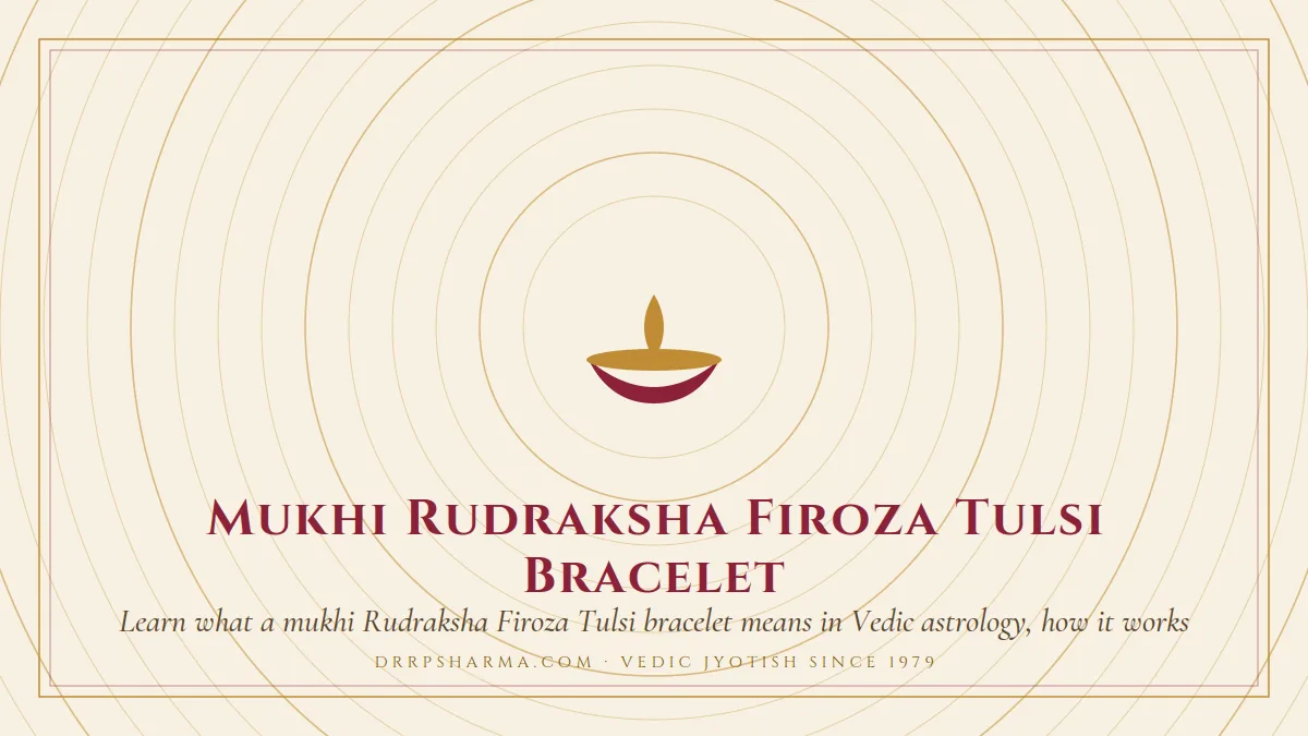 Mukhi Rudraksha Firoza Tulsi Bracelet — a lit diya lamp motif on a parchment plate