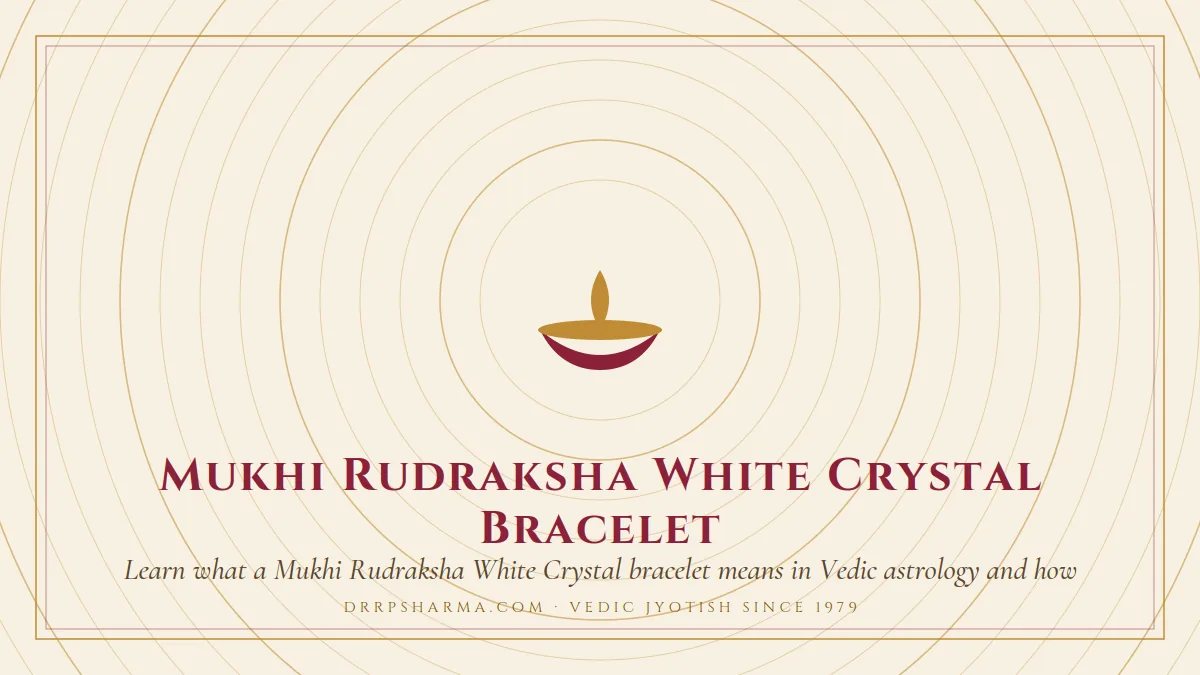 Mukhi Rudraksha White Crystal Bracelet — a lit diya lamp motif on a parchment plate