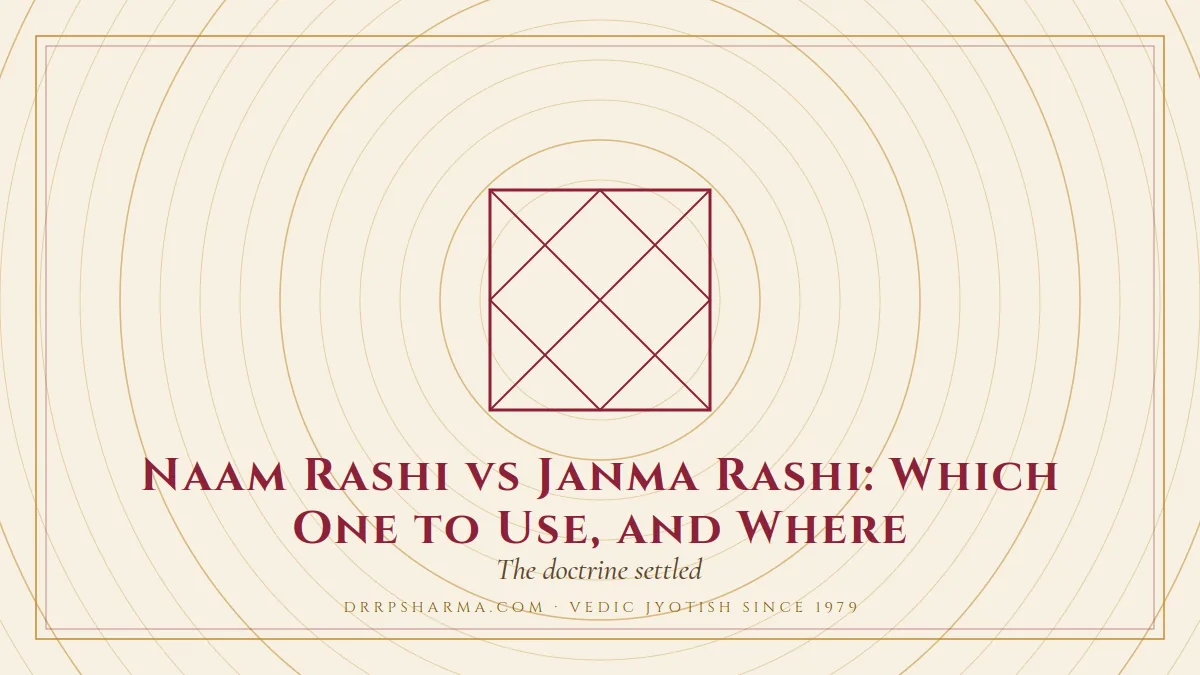 Naam Rashi vs Janma Rashi: Which One to Use, and Where — a Vedic birth-chart (kundli) diagram motif on a parchment plate