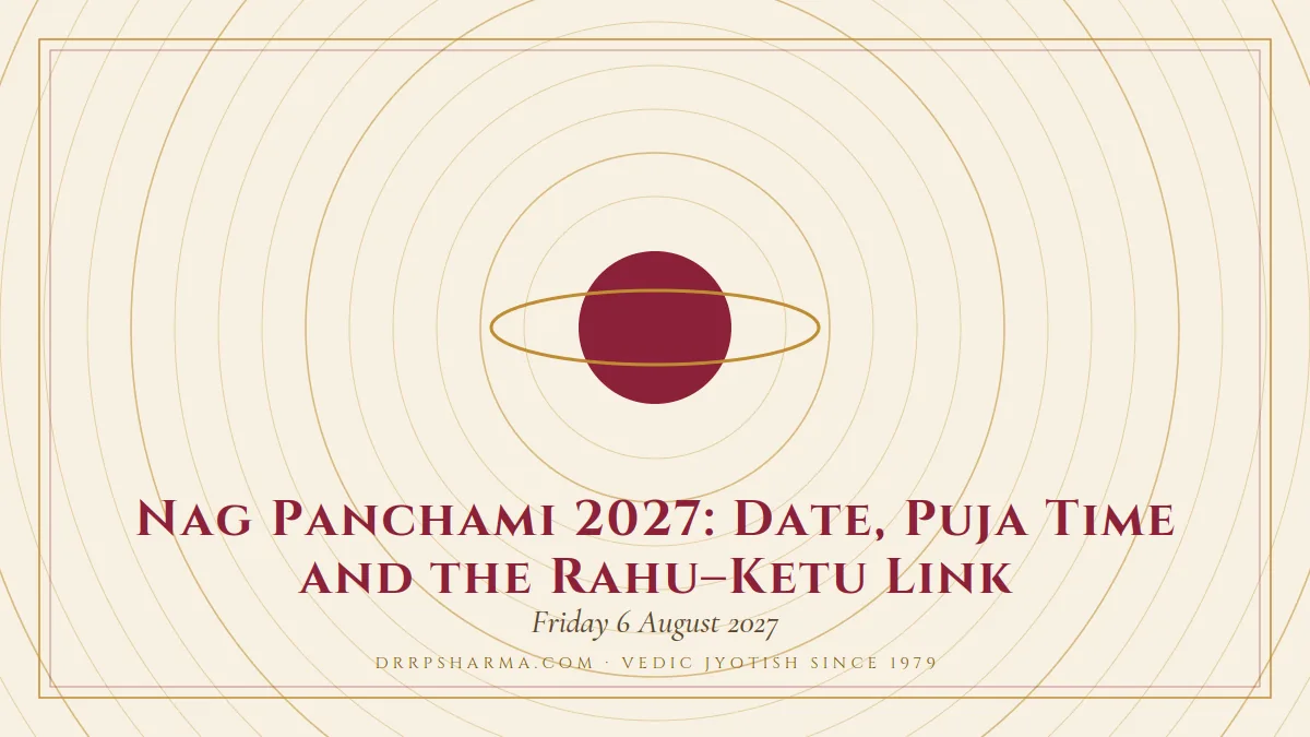 Nag Panchami 2027: Date, Puja Time and the Rahu–Ketu Link — a ringed-planet motif on a parchment plate