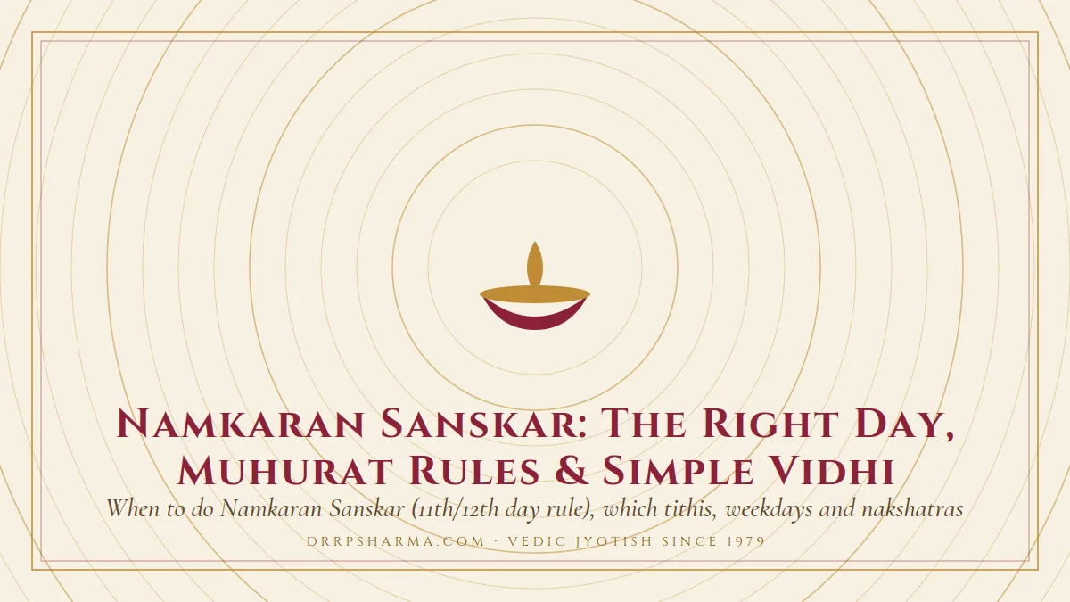 Namkaran Sanskar: The Right Day, Muhurat Rules & Simple Vidhi — a lit diya lamp motif on a parchment plate
