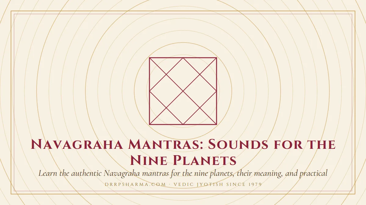 Navagraha Mantras: Sounds for the Nine Planets — a Vedic birth-chart (kundli) diagram motif on a parchment plate