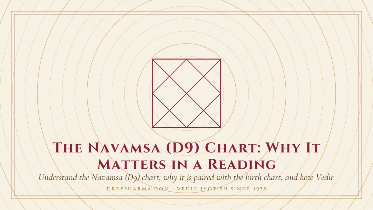The Navamsa (D9) Chart: Why It Matters in a Reading — a Vedic birth-chart (kundli) diagram motif on a parchment plate