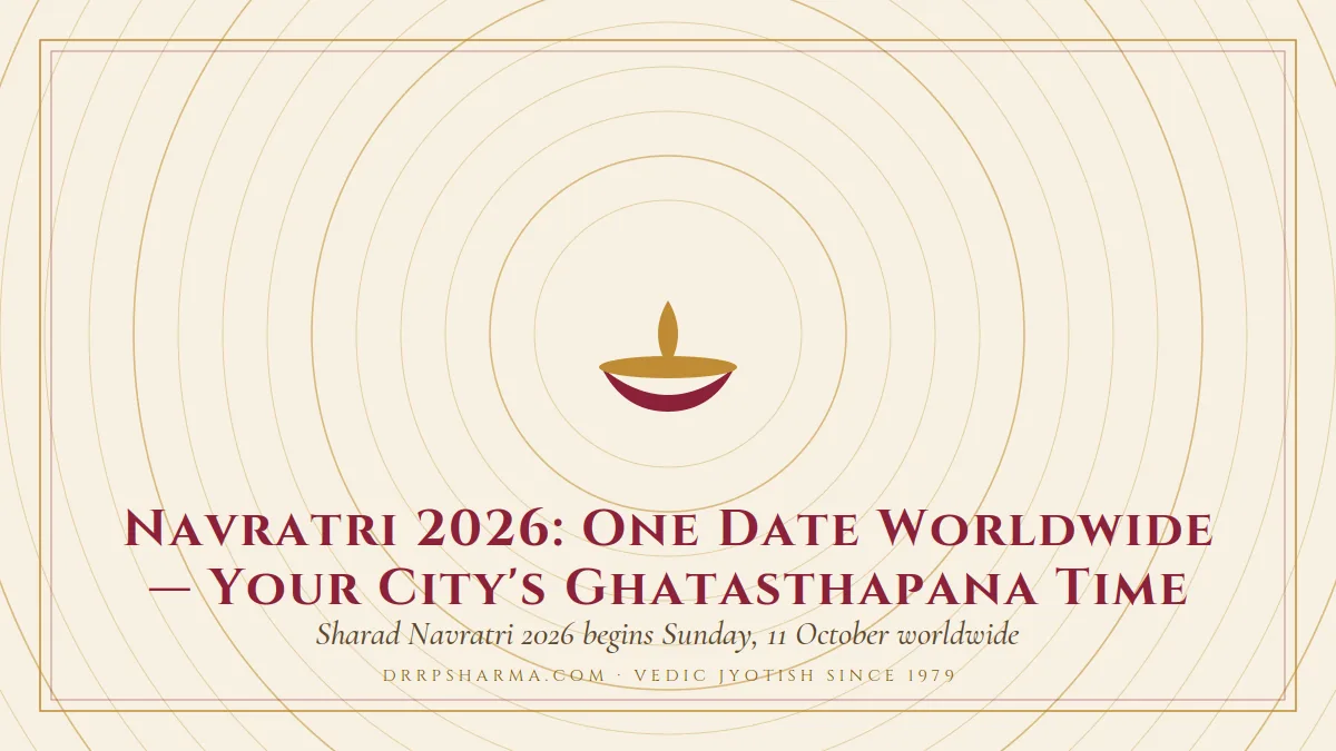 Navratri 2026: One Date Worldwide — Your City's Ghatasthapana Time — a lit diya lamp motif on a parchment plate