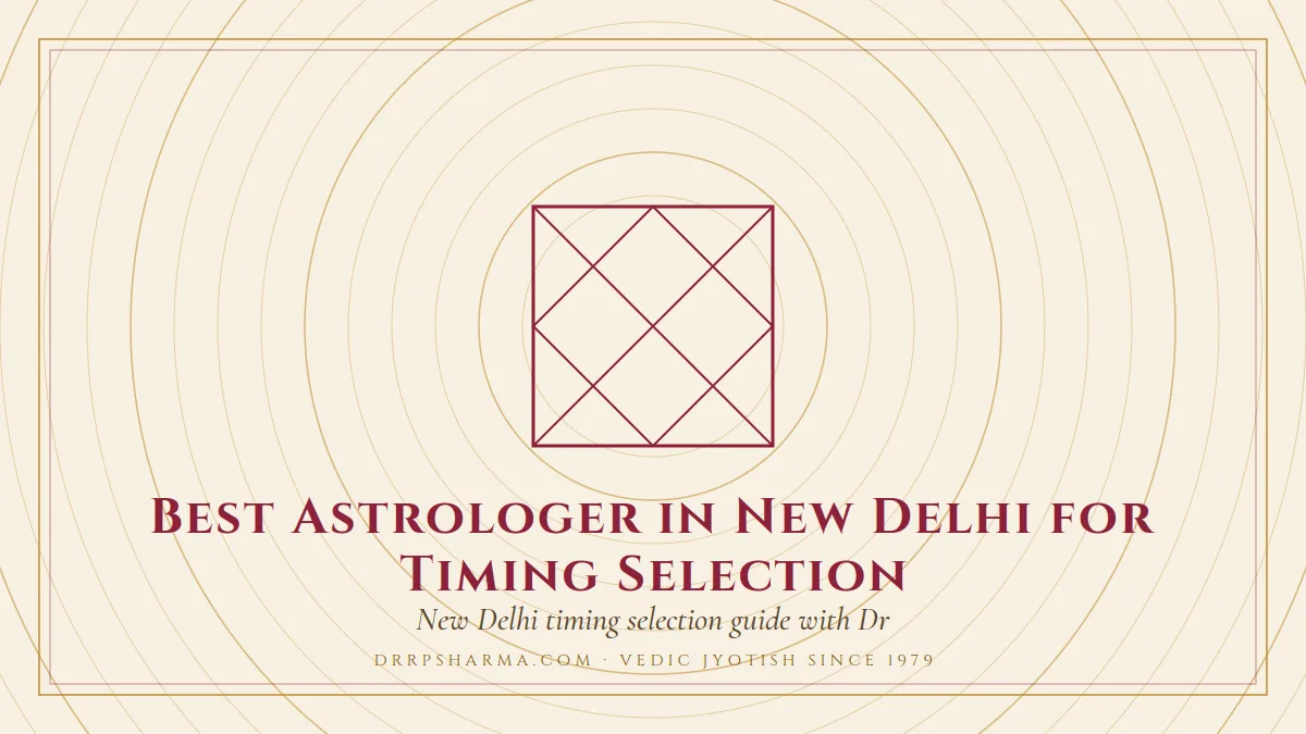Best Astrologer in New Delhi for Timing Selection — a Vedic birth-chart (kundli) diagram motif on a parchment plate