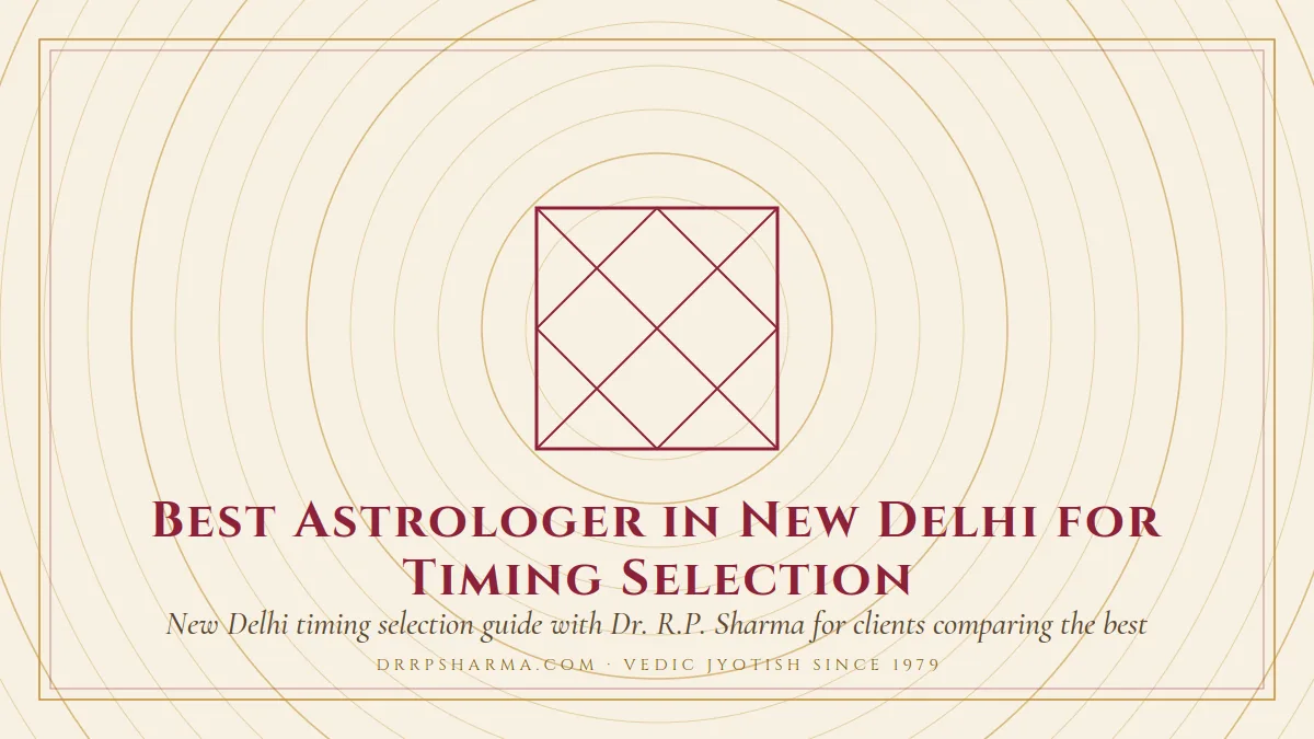 Best Astrologer in New Delhi for Timing Selection — a Vedic birth-chart (kundli) diagram motif on a parchment plate