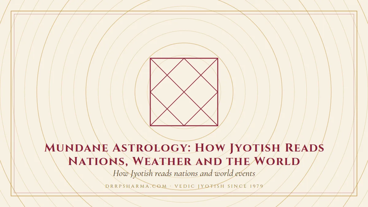 Mundane Astrology: How Jyotish Reads Nations, Weather and the World — a Vedic birth-chart (kundli) diagram motif on a parchment plate