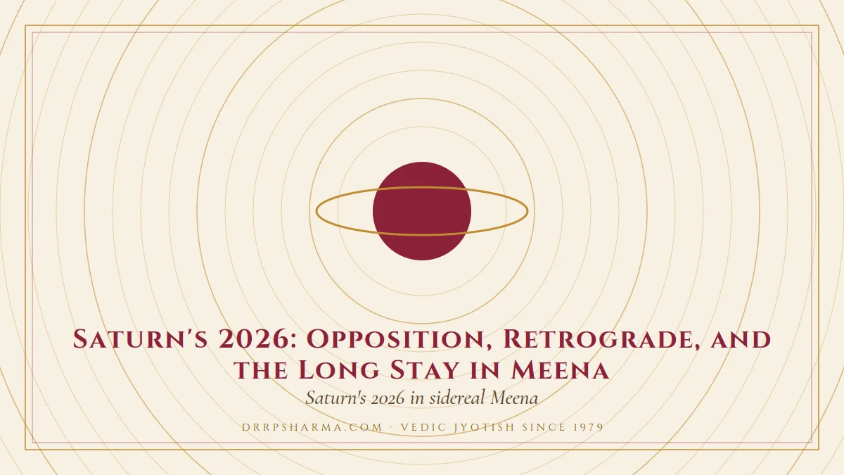 Saturn's 2026: Opposition, Retrograde, and the Long Stay in Meena — a ringed-planet motif on a parchment plate