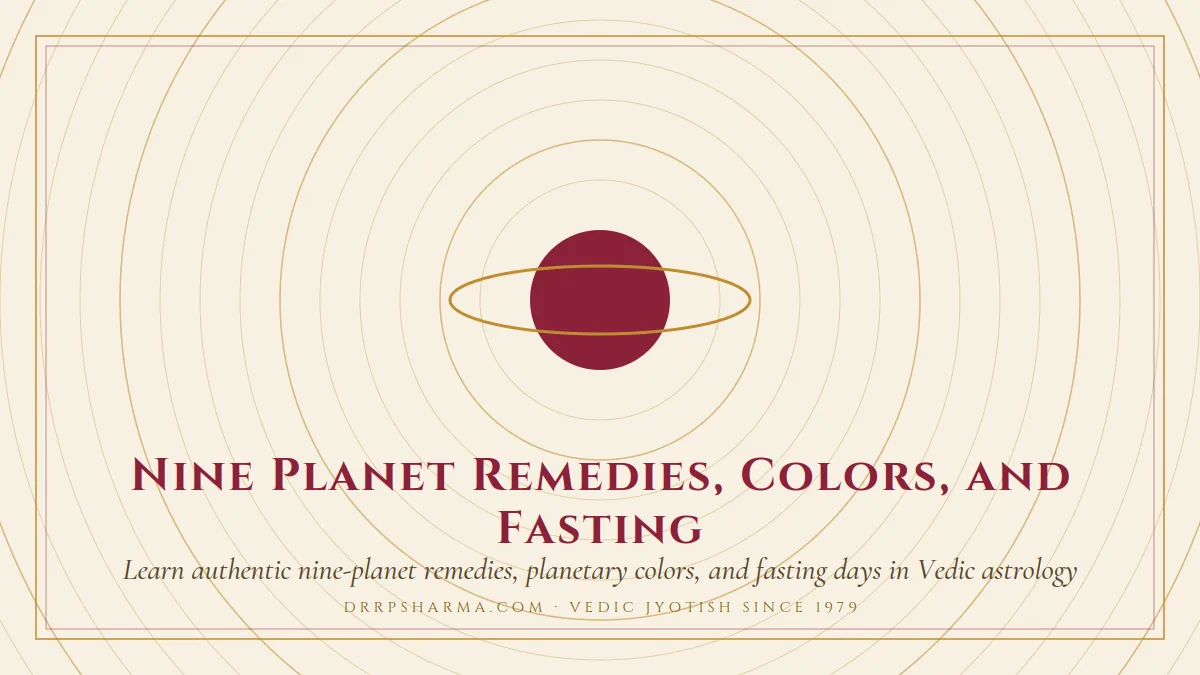 Nine Planet Remedies, Colors, and Fasting — a ringed-planet motif on a parchment plate