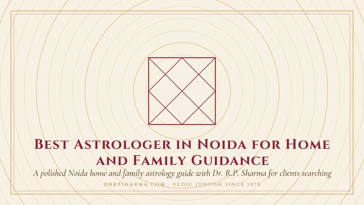 Best Astrologer in Noida for Home and Family Guidance — a Vedic birth-chart (kundli) diagram motif on a parchment plate