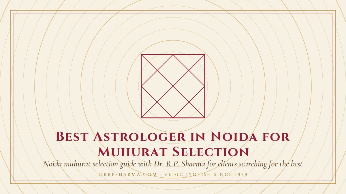 Best Astrologer in Noida for Muhurat Selection — a Vedic birth-chart (kundli) diagram motif on a parchment plate