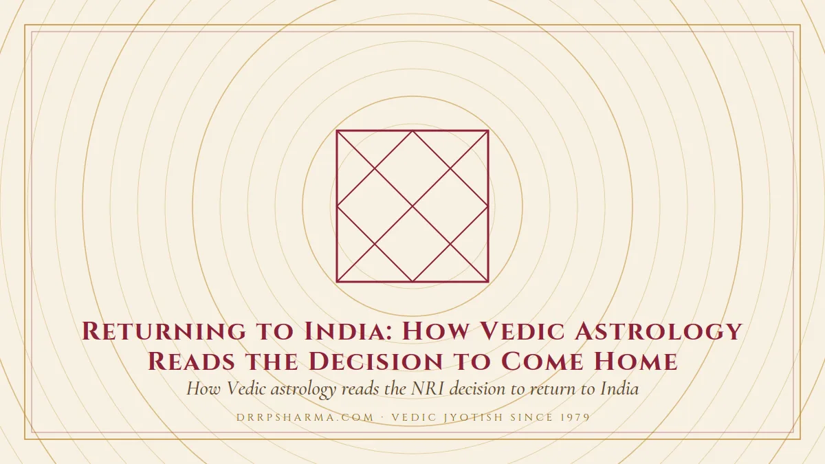 Returning to India: How Vedic Astrology Reads the Decision to Come Home — a Vedic birth-chart (kundli) diagram motif on a parchment plate