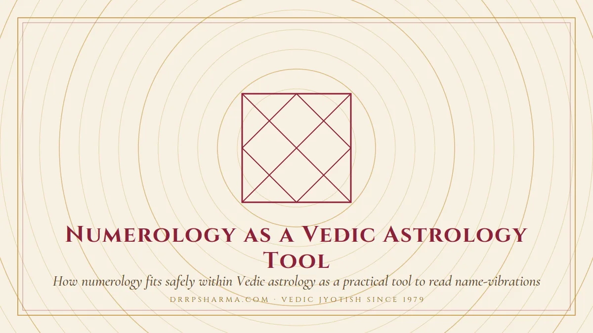 Numerology as a Vedic Astrology Tool — a Vedic birth-chart (kundli) diagram motif on a parchment plate