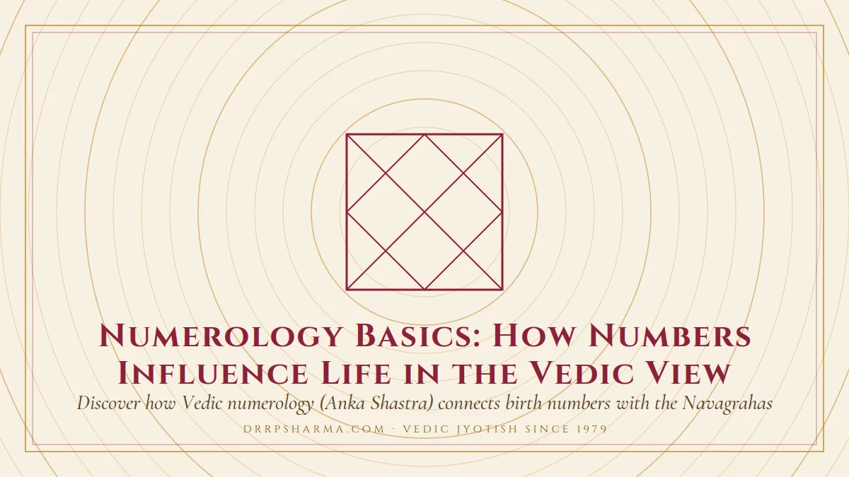 Numerology Basics: How Numbers Influence Life in the Vedic View — a Vedic birth-chart (kundli) diagram motif on a parchment plate