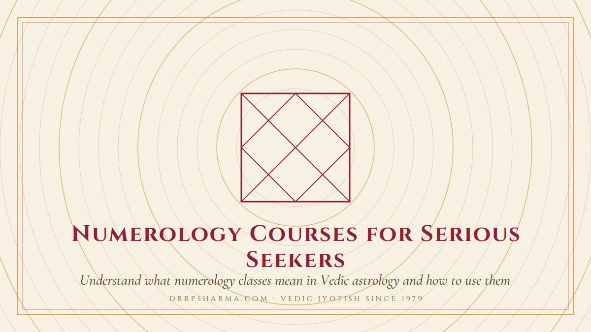 Numerology Courses for Serious Seekers — a Vedic birth-chart (kundli) diagram motif on a parchment plate