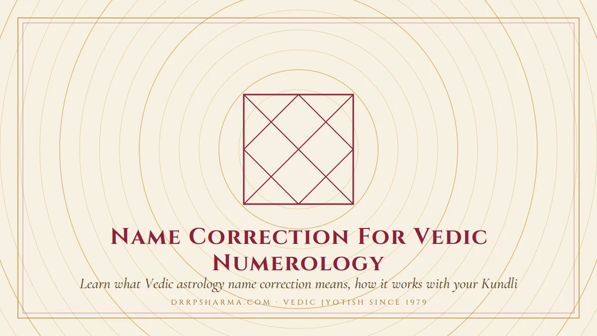 Name Correction For Vedic Numerology — a Vedic birth-chart (kundli) diagram motif on a parchment plate