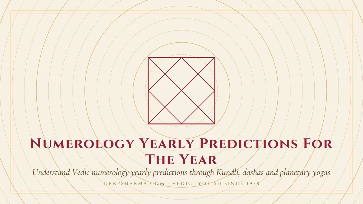 Numerology Yearly Predictions For The Year — a Vedic birth-chart (kundli) diagram motif on a parchment plate