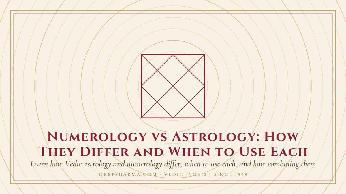 Numerology vs Astrology: How They Differ and When to Use Each — a Vedic birth-chart (kundli) diagram motif on a parchment plate