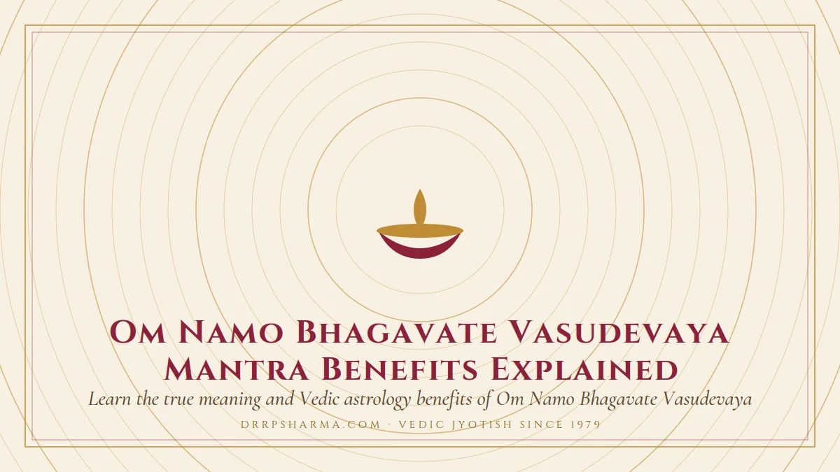 Om Namo Bhagavate Vasudevaya Mantra Benefits Explained — a lit diya lamp motif on a parchment plate