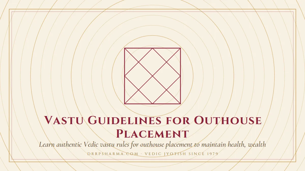 Vastu Guidelines for Outhouse Placement — a Vedic birth-chart (kundli) diagram motif on a parchment plate