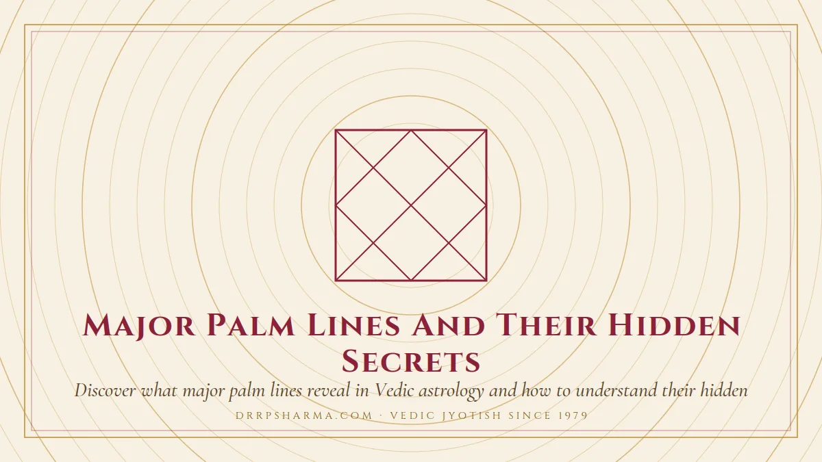 Major Palm Lines And Their Hidden Secrets — a Vedic birth-chart (kundli) diagram motif on a parchment plate