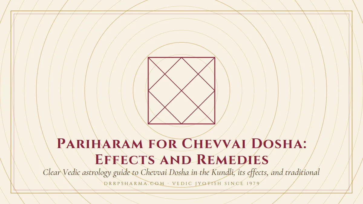 Pariharam for Chevvai Dosha: Effects and Remedies — a Vedic birth-chart (kundli) diagram motif on a parchment plate