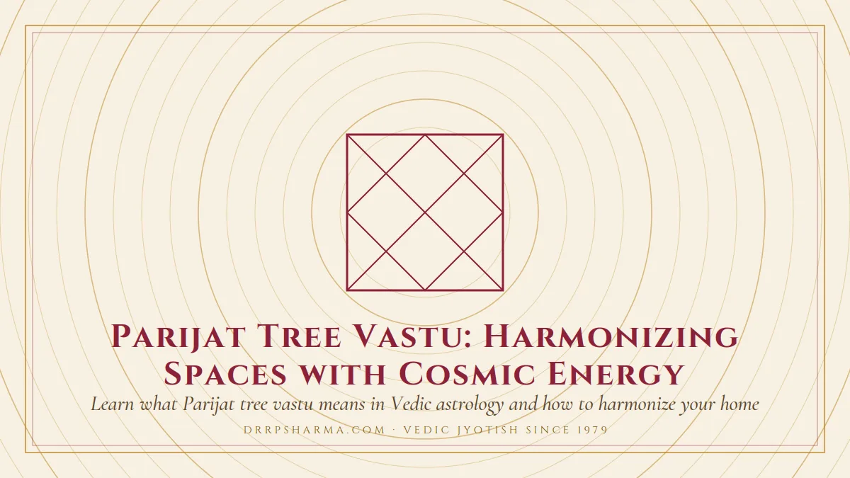 Parijat Tree Vastu: Harmonizing Spaces with Cosmic Energy — a Vedic birth-chart (kundli) diagram motif on a parchment plate