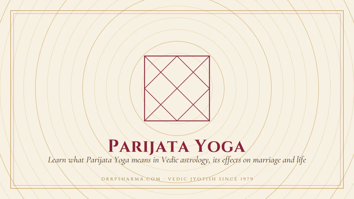 Parijata Yoga — a Vedic birth-chart (kundli) diagram motif on a parchment plate
