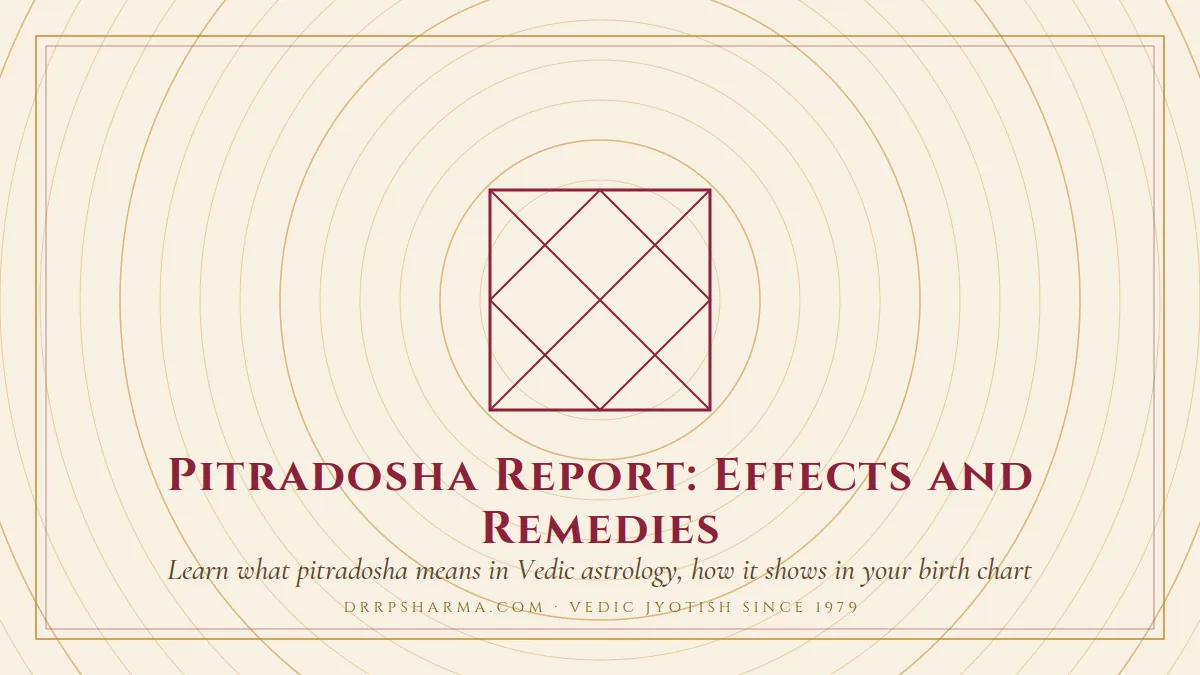 Pitradosha Report: Effects and Remedies — a Vedic birth-chart (kundli) diagram motif on a parchment plate